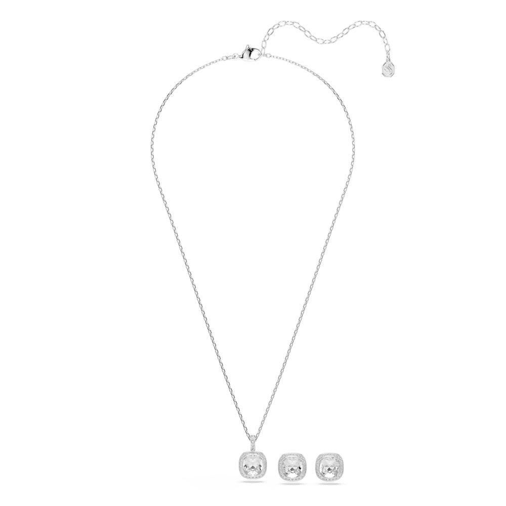 Set 2 Pezzi Swarovski Orecchini + Collana Una Angelic Taglio Cushion Bianco Placcato Rodio