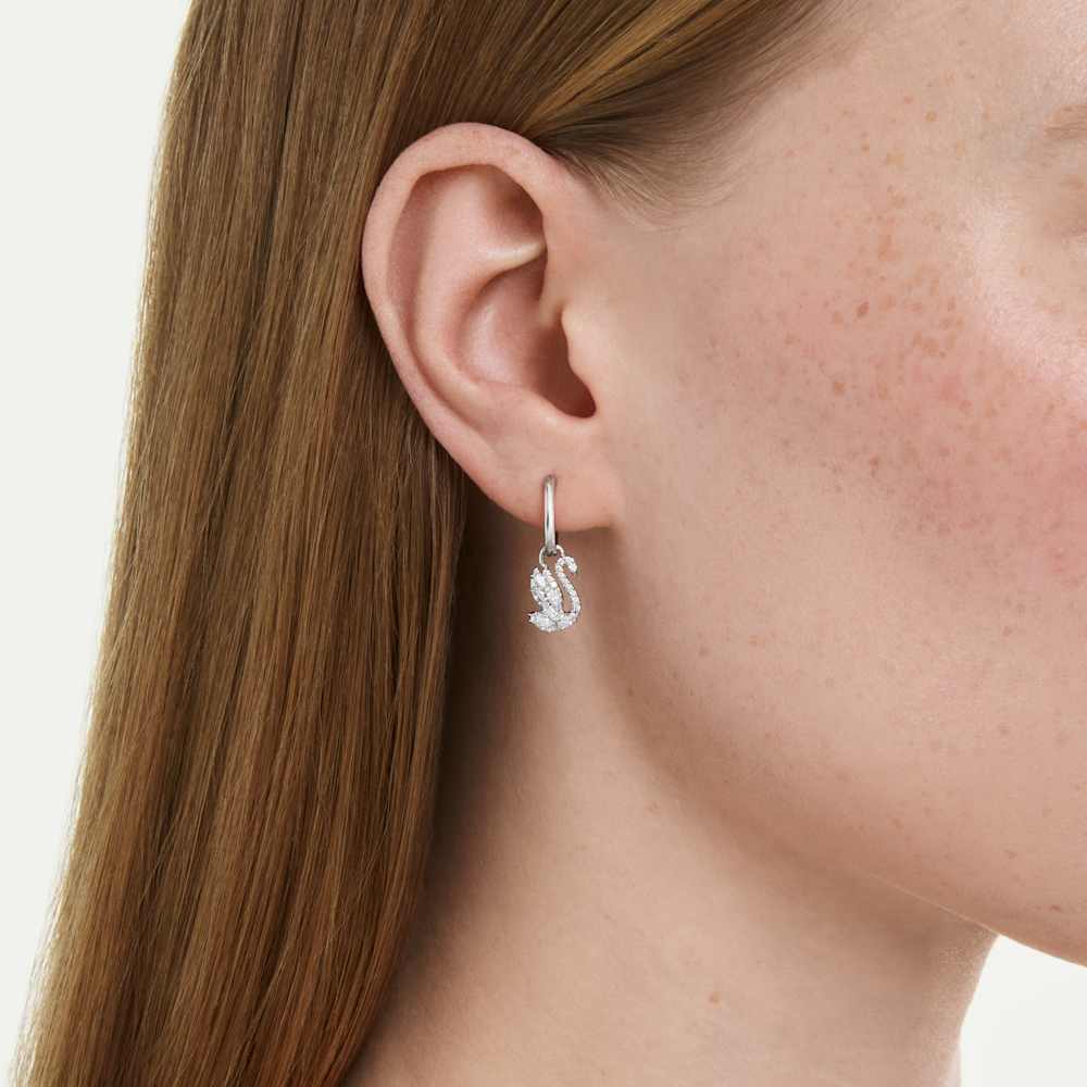 Orecchini Pendenti Swarovski Swan Taglio misto Cigno Bianchi Placcato Rodio