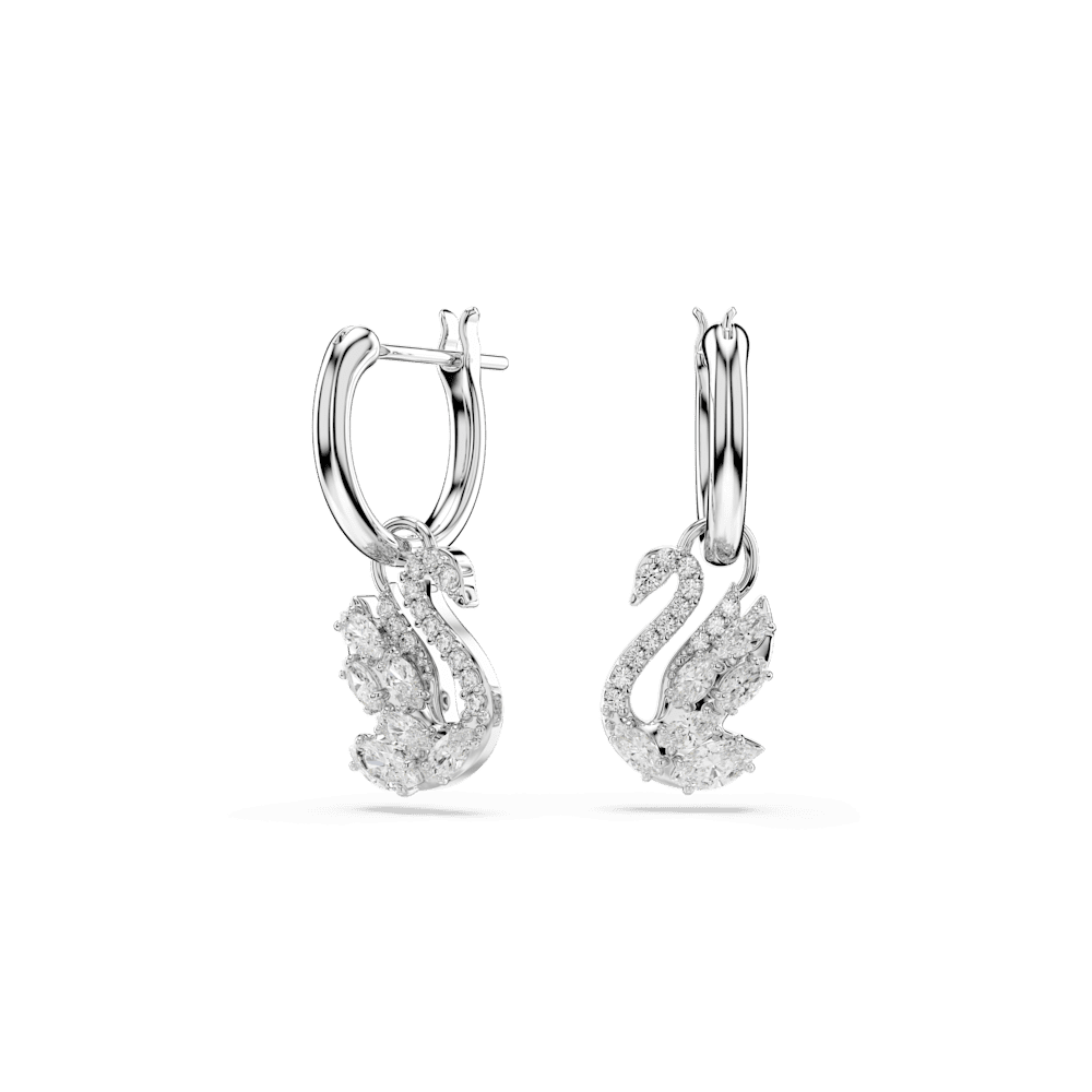 Orecchini Pendenti Swarovski Swan Taglio misto Cigno Bianchi Placcato Rodio