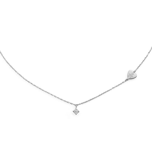 Collana Lebebé Per Sempre Oro Bianco 18 Kt Pendente Punto Luce Diamante Targhetta Cuore Sagoma Bimbo