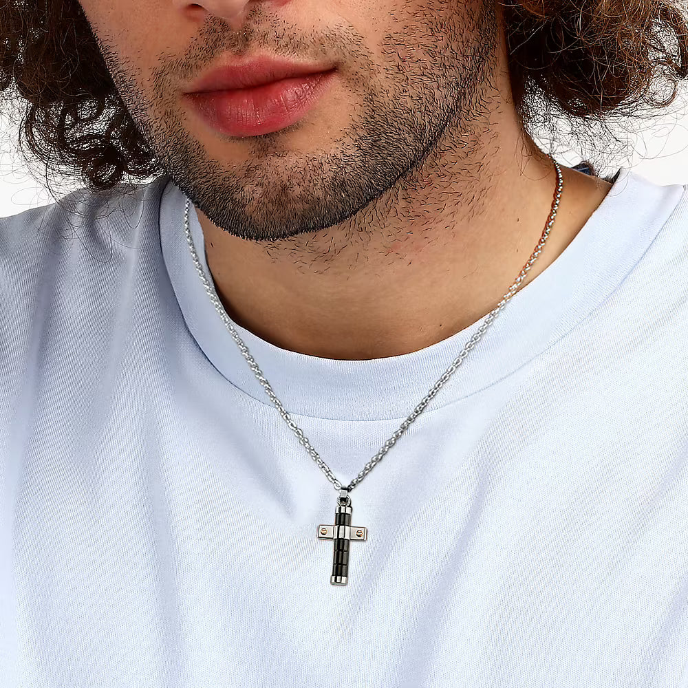 Collana Uomo Sector Spirit In Acciaio Con Pendente Croce Pvd Nero/Acciaio/Pvd Oro Rosa