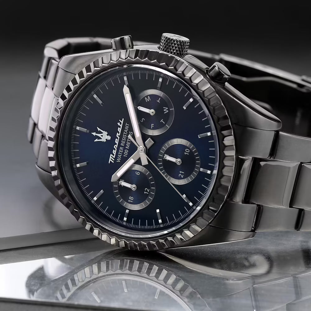 Orologio Maserati Competizione Multifunzione 43 Mm Acciaio Pvd Nero Braccialato Quadrante Blu