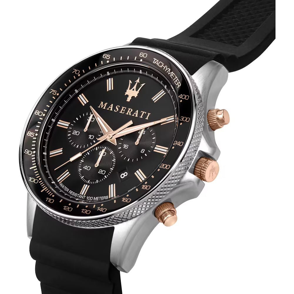 Orologio Maserati Sfida Chrono 44 Mm Acciaio/Pvd Oro Rosa Cinturino Silicone Nero