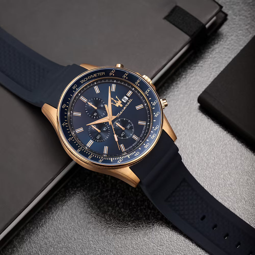 Orologio Maserati Sfida Chrono 44 Mm Pvd Oro Silicone Blu