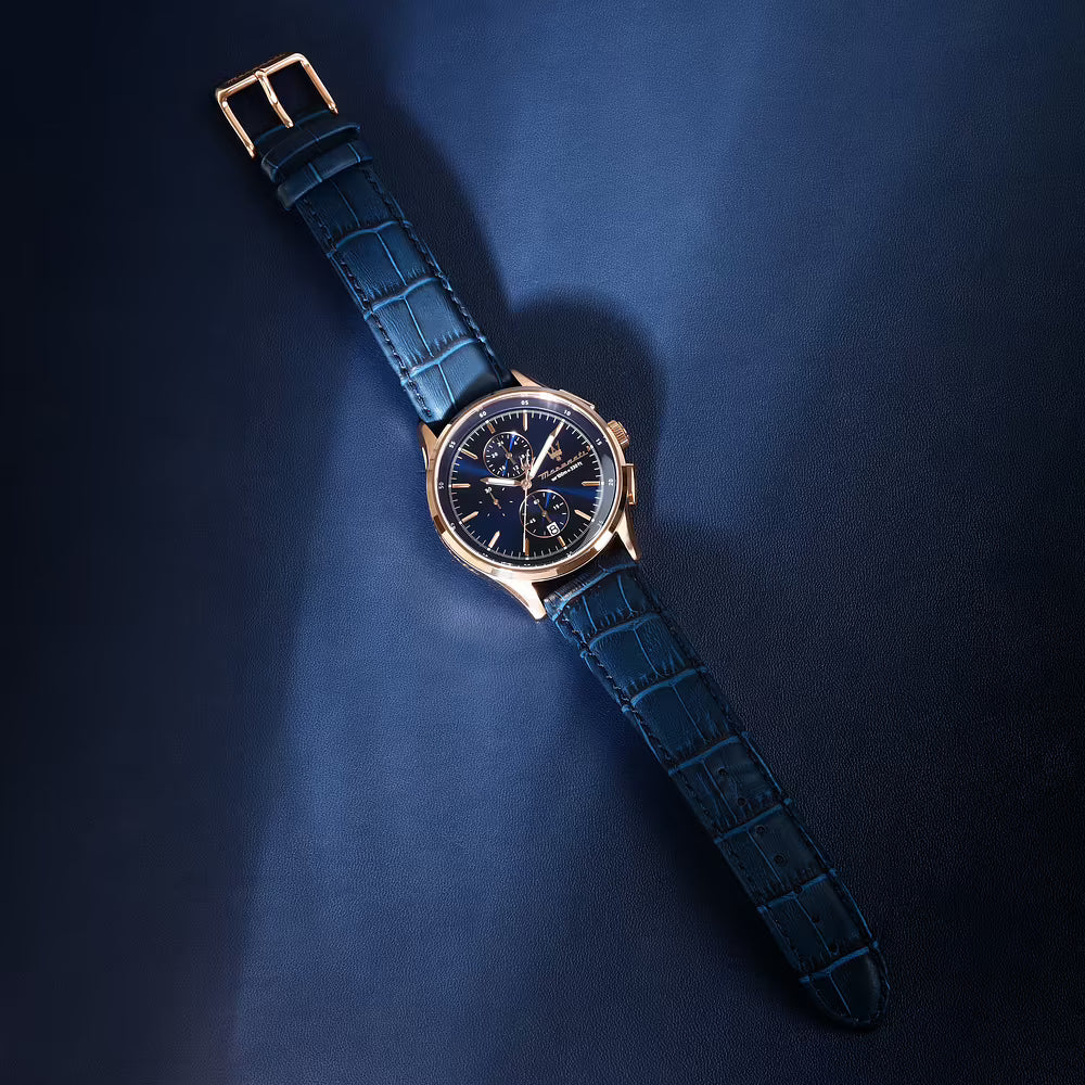 Orologio Maserati Sorpasso Chrono 42 Mm Pvd Oro Rosa Pelle Blu