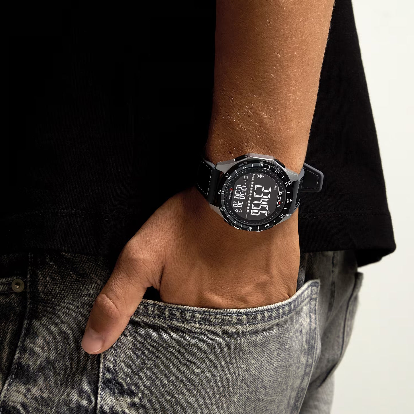 Orologio Sector Ex-53 Digitale 47 Mm Policarbonato Nero/Silver Silicone Grigio Rivestito Da Tessuto Nero