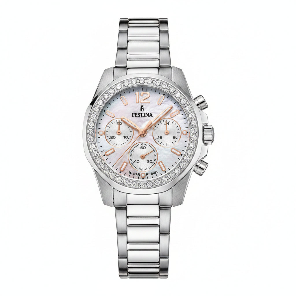Orologio Festina Boyfriend Chrono Lady Strass 38 Mm Acciaio Braccialato Madreperla