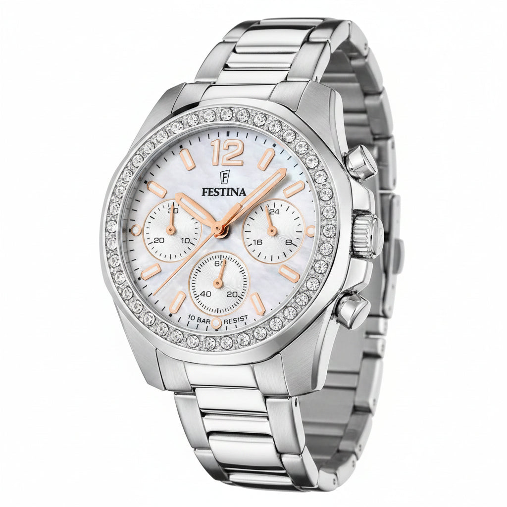 Orologio Festina Boyfriend Chrono Lady Strass 38 Mm Acciaio Braccialato Madreperla