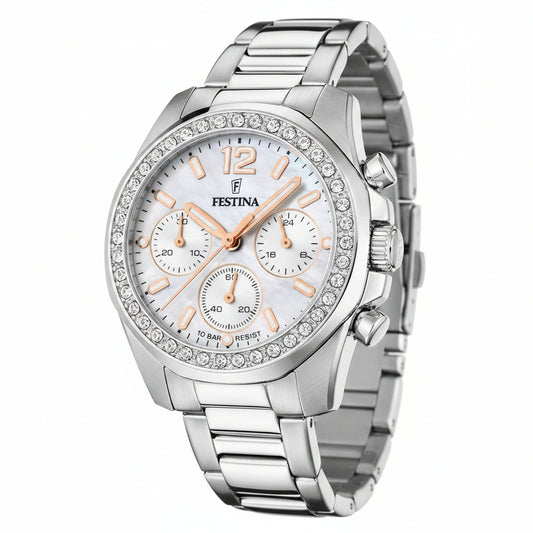 Orologio Festina Boyfriend Chrono Lady Strass 38 Mm Acciaio Braccialato Madreperla