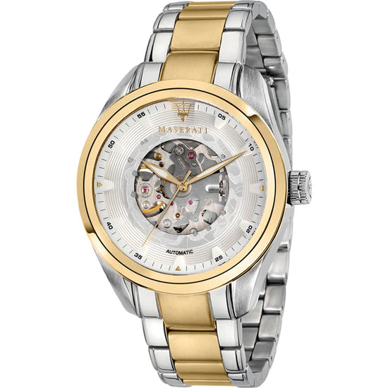 Orologio Maserati Traguardo Automatico 45 mm Acciaio Pvd Oro Braccialato Quadrante Skeleton