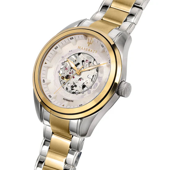 Orologio Maserati Traguardo Automatico 45 mm Acciaio Pvd Oro Braccialato Quadrante Skeleton