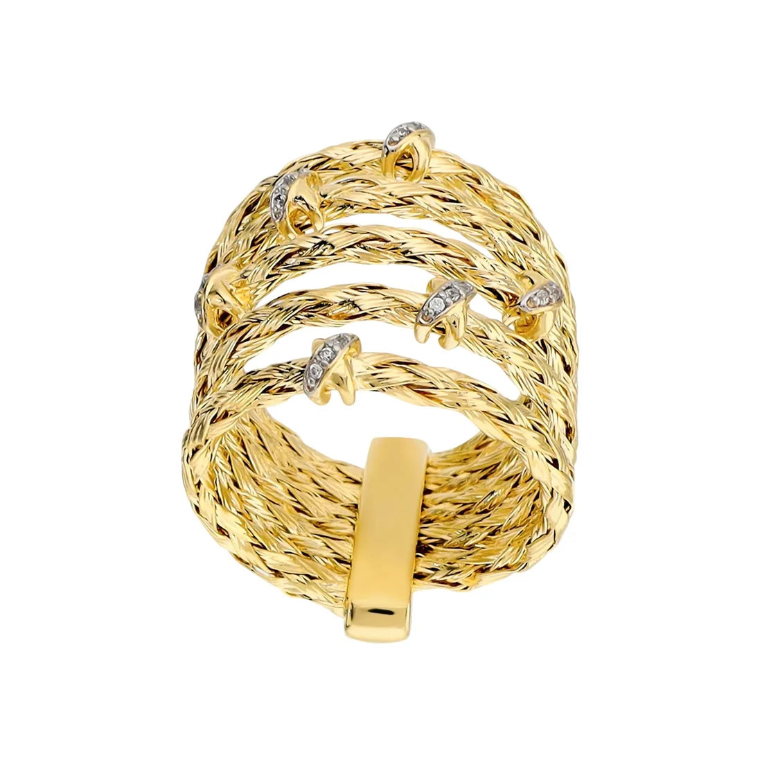 Anello 5 Fili Etrusca Gioielli Lega Golden Placcata Oro 18 Kt Torchon Con Cristalli - Misura 16