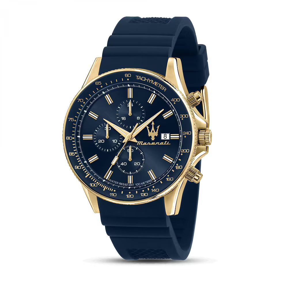 Orologio Maserati Sfida Chrono 44 Mm Pvd Oro Silicone Blu