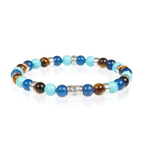 Bracciale Gerba Stone Elasticizzato Sfere Agata Blu, Occhio Di Tigre, Pasta Turchese ed Elementi Argento