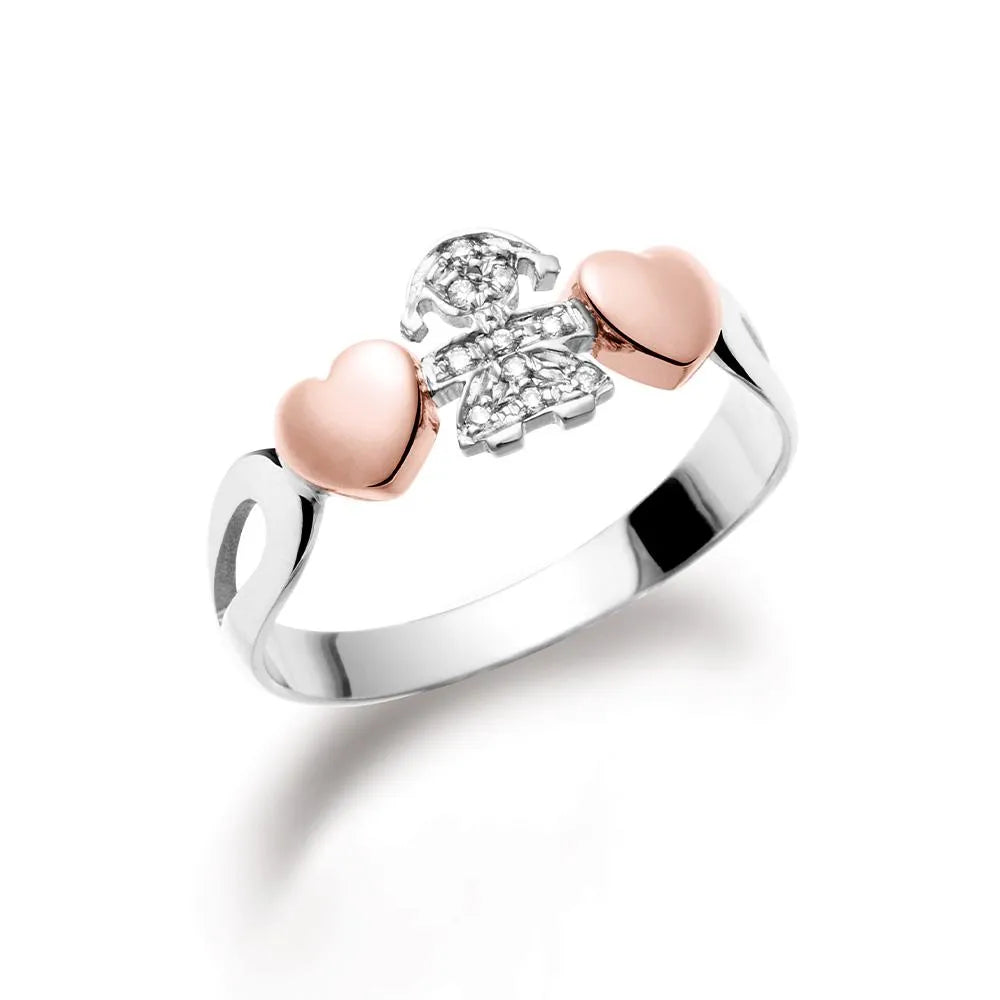 Anello Lebebé Girocuore Oro Bianco 18 Kt 2 Cuori Rosa Femminuccia Pavè - Misura 12