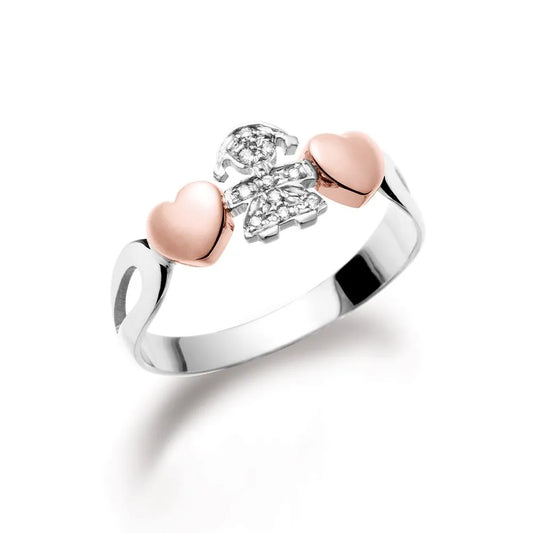 Anello Lebebé Girocuore Oro Bianco 18 Kt 2 Cuori Rosa Femminuccia Pavè - Misura 12