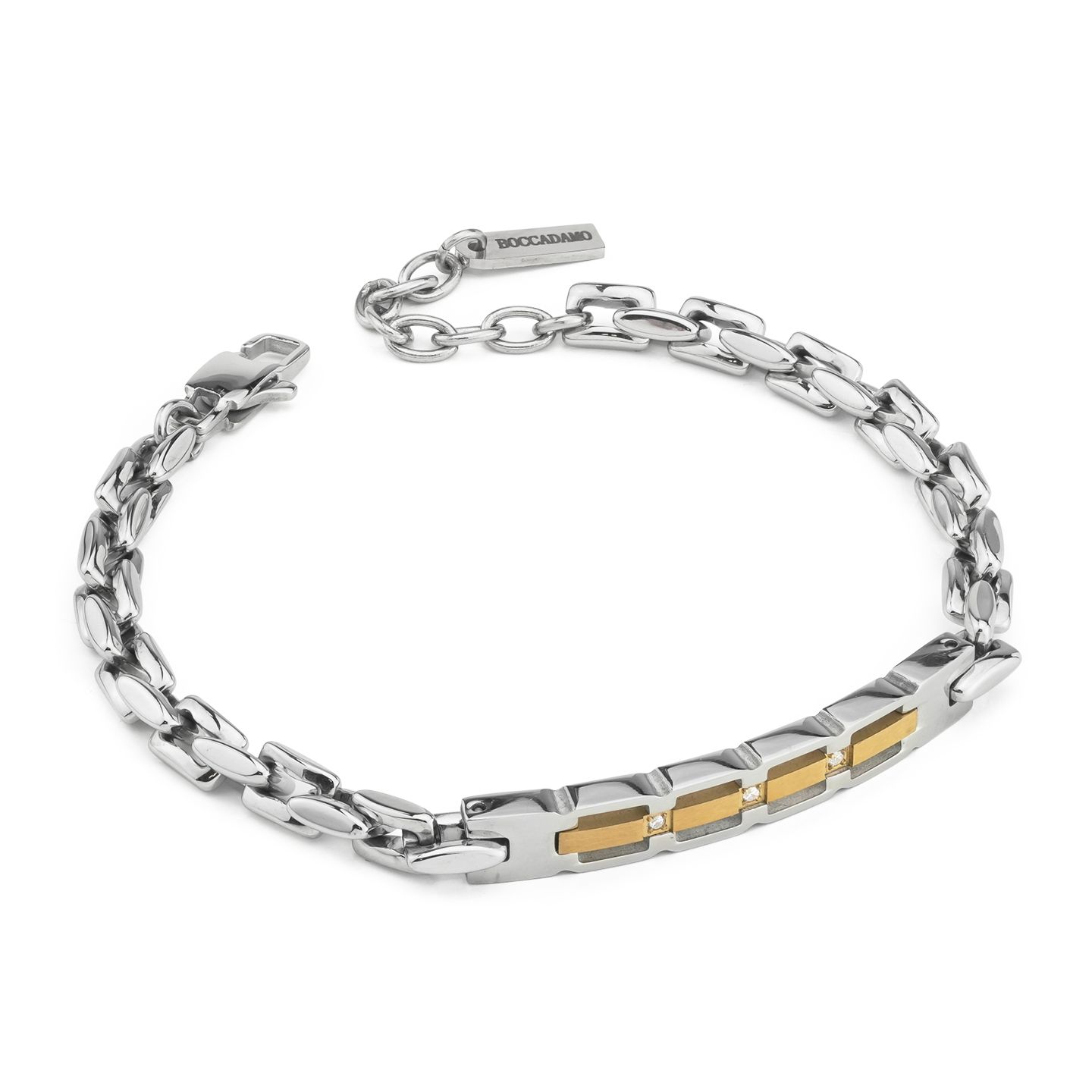 Bracciale Boccadamo Man Acciaio Piastrina Centrale Pvd Oro e Cristalli