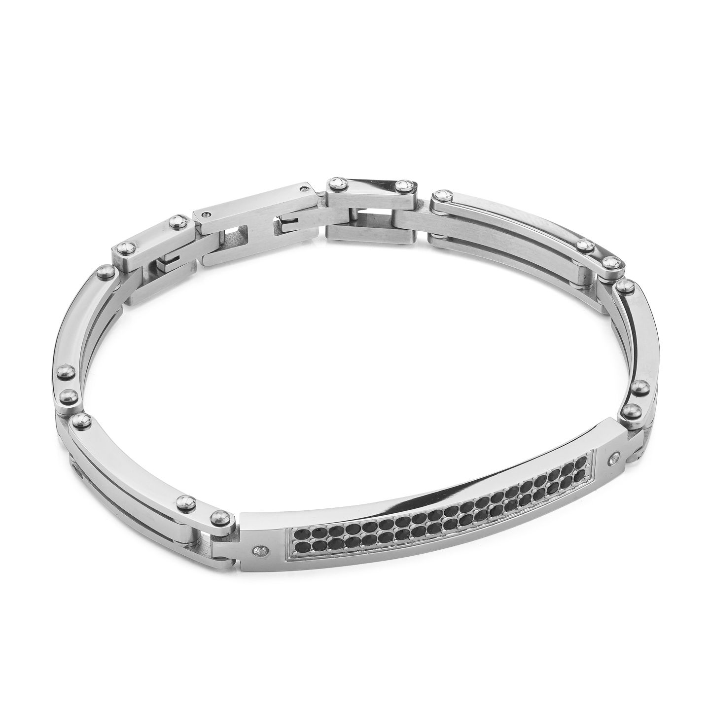 Bracciale Semirigido Boccadamo Man Acciaio Piastrina Centrale e Cristalli Neri