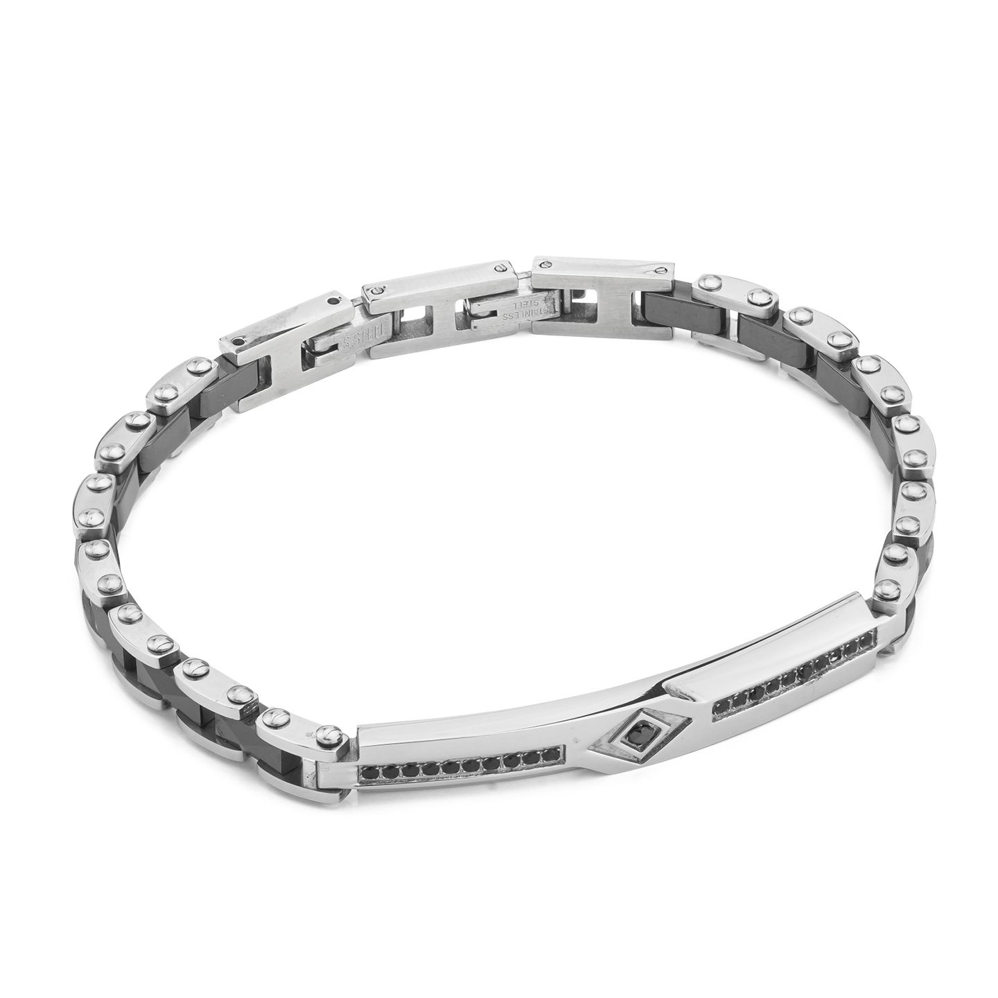 Bracciale Boccadamo Man Acciaio Inserti Pvd Nero Piastrina Centrale con Cristalli Neri