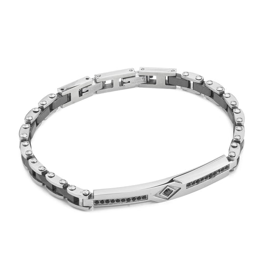 Bracciale Boccadamo Man Acciaio Inserti Pvd Nero Piastrina Centrale con Cristalli Neri