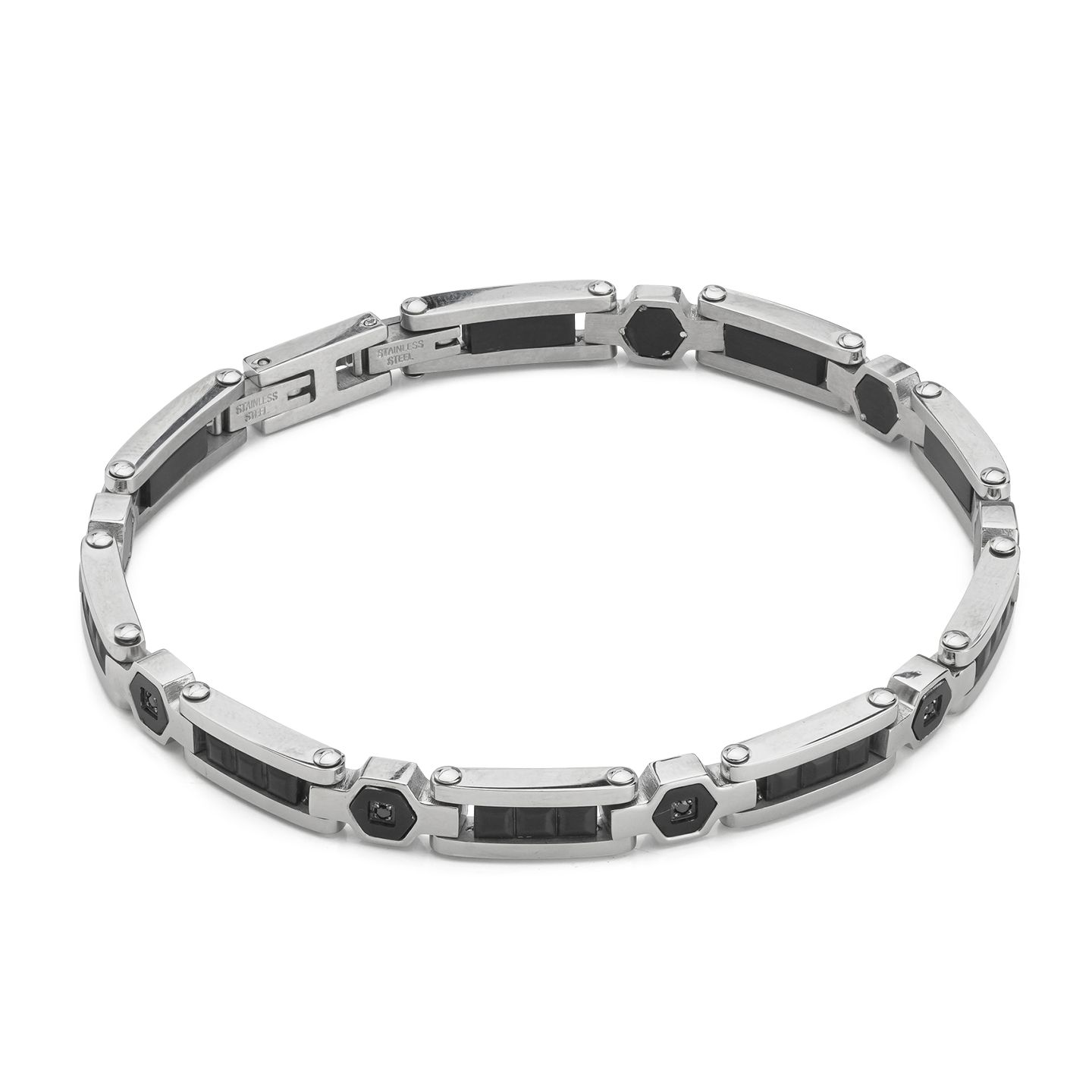 Bracciale Boccadamo Man Acciaio Piastrine Inserti Pvd Nero e Cristalli Neri