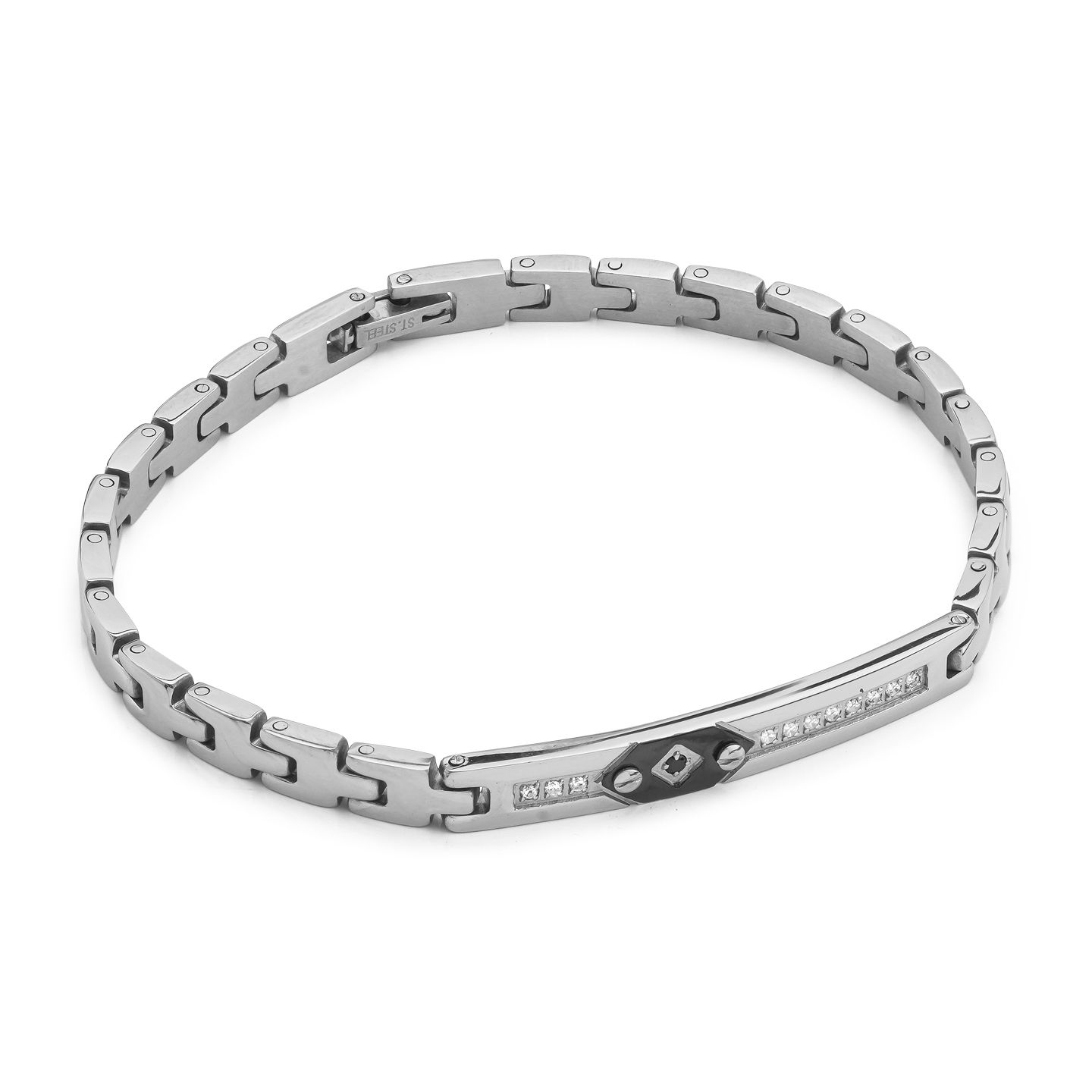 Bracciale Boccadamo Man Acciaio Maglia Freccia Piastrina Centrale e Fila Di Cristalli