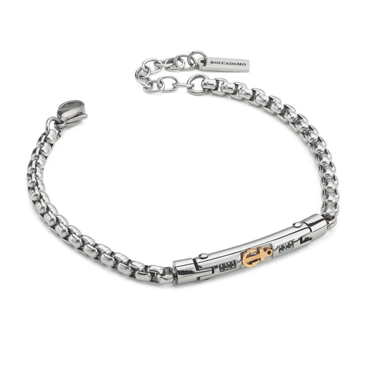Bracciale Boccadamo Man Acciaio Maglia Rolò Piastrina Centrale Cristalli ed Ancora Pvd Oro