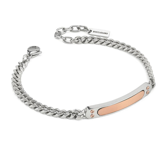 Bracciale Boccadamo Man Acciaio Maglia Grumetta Piastrina Centrale Pvd Oro Rosa
