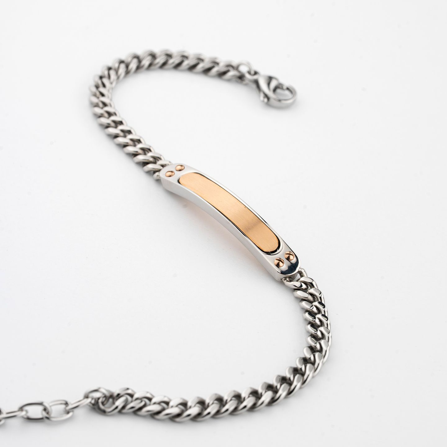 Bracciale Boccadamo Man Acciaio Maglia Grumetta Piastrina Centrale Pvd Oro Rosa