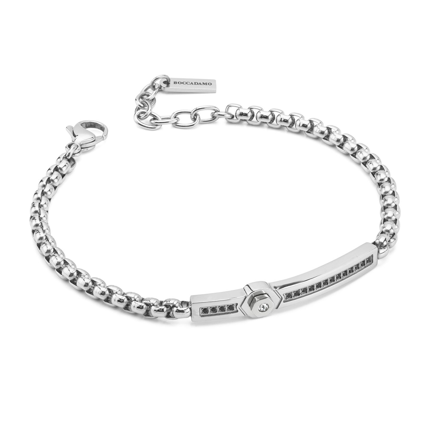Bracciale Boccadamo Man Acciaio Maglia Rolò Quadrata Piastrina Centrale con Cristalli