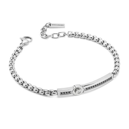 Bracciale Boccadamo Man Acciaio Maglia Rolò Quadrata Piastrina Centrale con Cristalli