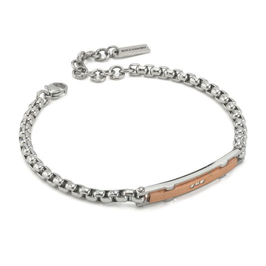 Bracciale Boccadamo Man Acciaio Maglia Rolò Piastrina Centrale Pvd Oro Rosa e Cristalli