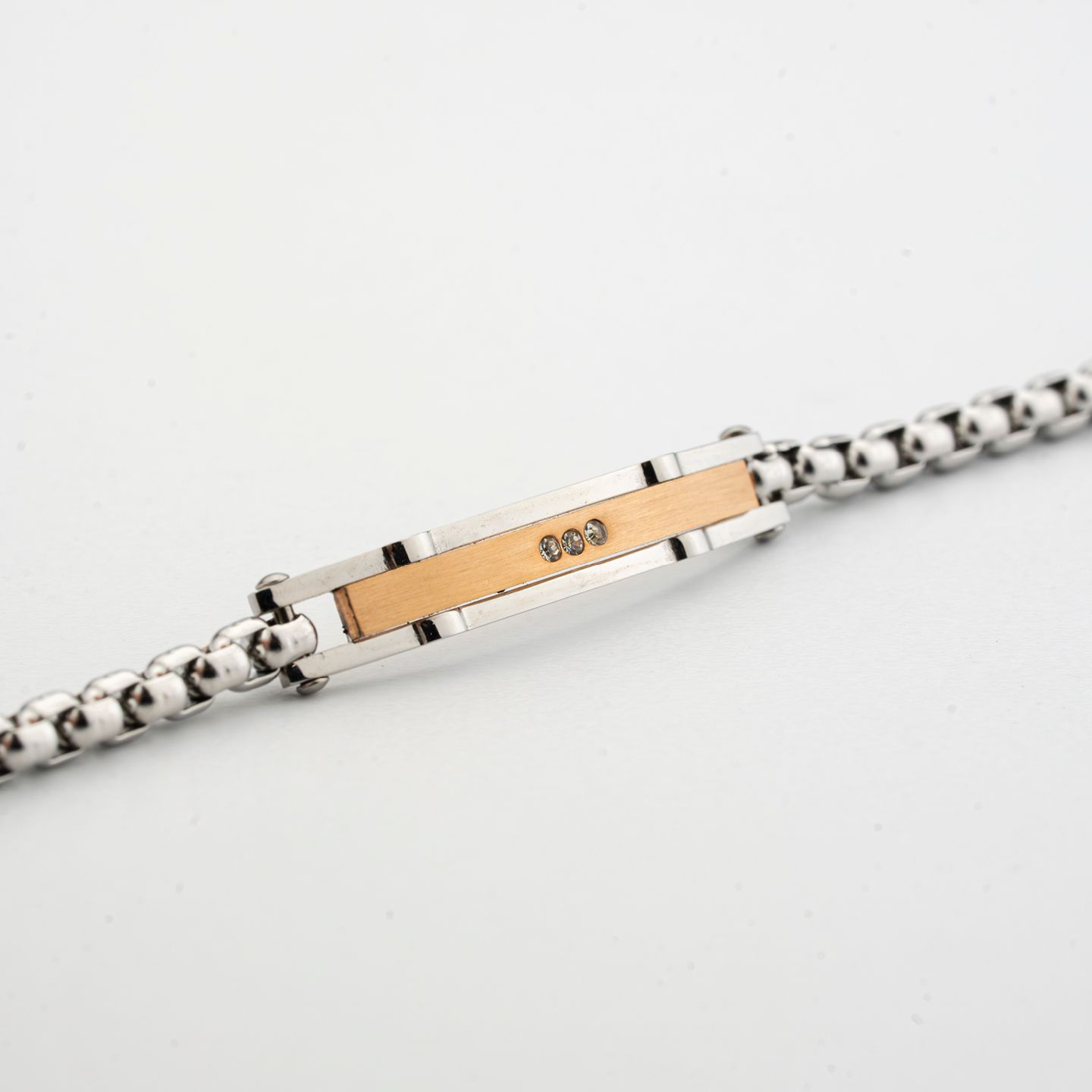 Bracciale Boccadamo Man Acciaio Maglia Rolò Piastrina Centrale Pvd Oro Rosa e Cristalli