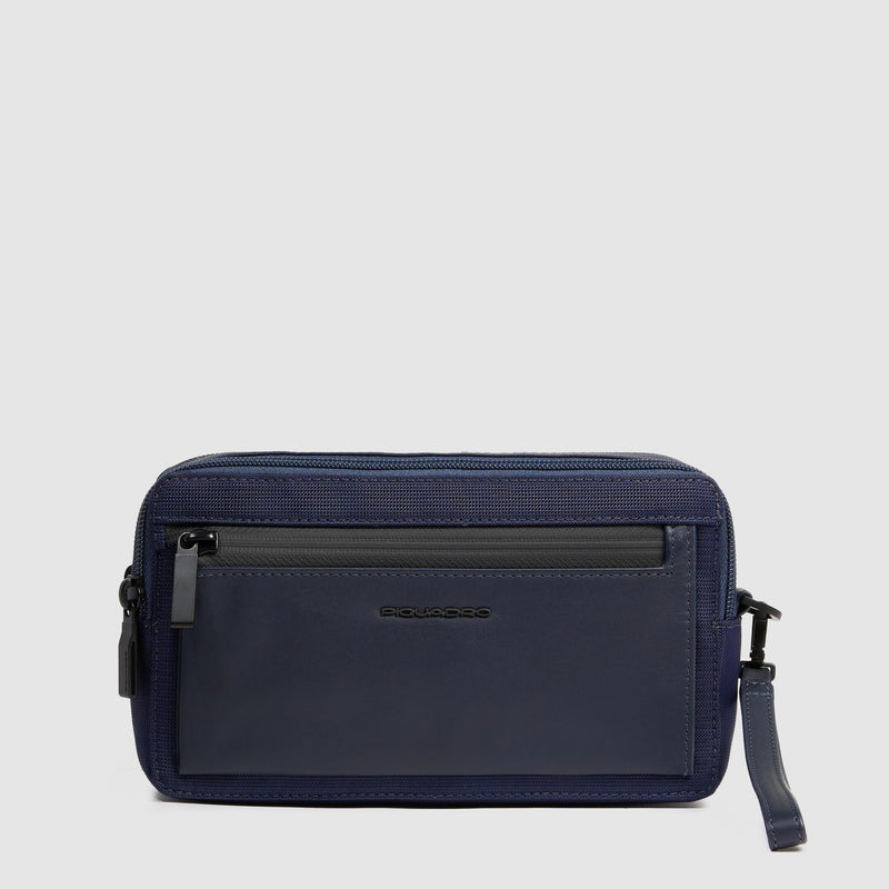 Pochette Piquadro Uomo Doppio Scomparto Tasca Frontale Polsiera Removibile Tessuto Inserto Pelle Blu