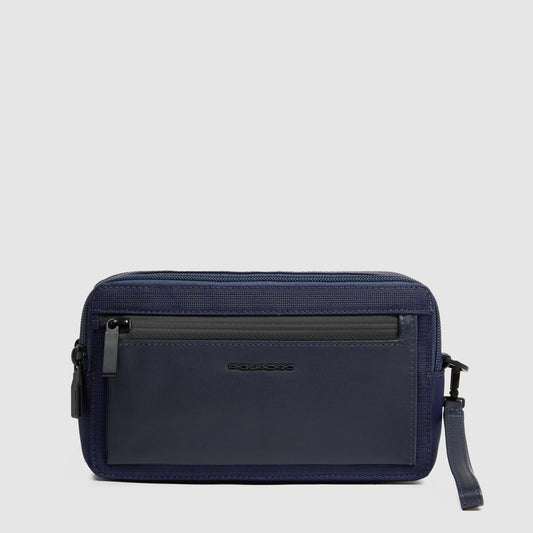 Pochette Piquadro Uomo Doppio Scomparto Tasca Frontale Polsiera Removibile Tessuto Inserto Pelle Blu