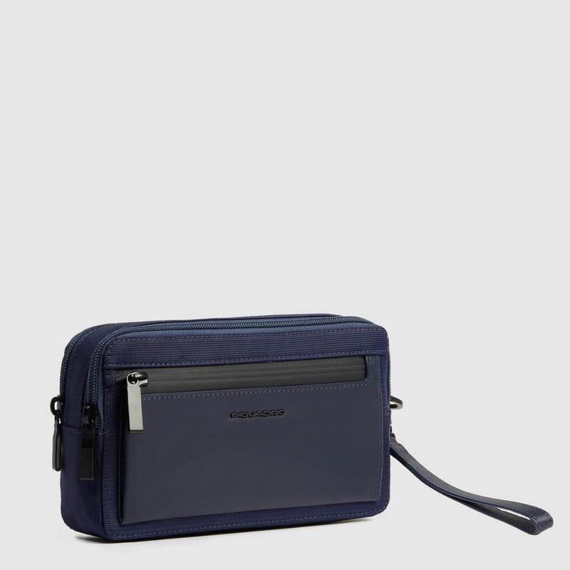 Pochette Piquadro Uomo Doppio Scomparto Tasca Frontale Polsiera Removibile Tessuto Inserto Pelle Blu
