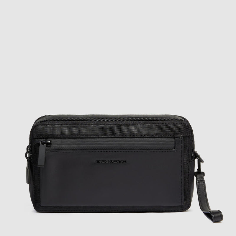 Pochette Piquadro Uomo Doppio Scomparto Tasca Frontale Polsiera Removibile Tessuto Inserto Pelle Nera