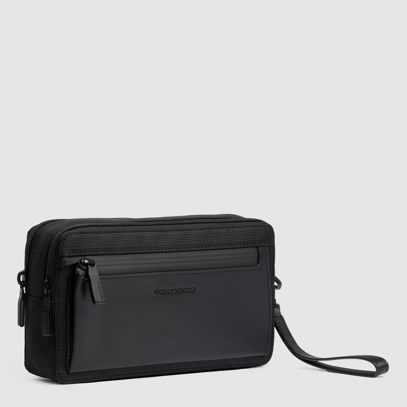 Pochette Piquadro Uomo Doppio Scomparto Tasca Frontale Polsiera Removibile Tessuto Inserto Pelle Nera