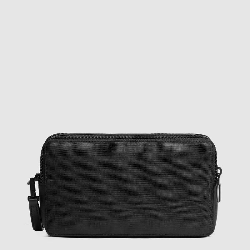 Pochette Piquadro Uomo Doppio Scomparto Tasca Frontale Polsiera Removibile Tessuto Inserto Pelle Nera