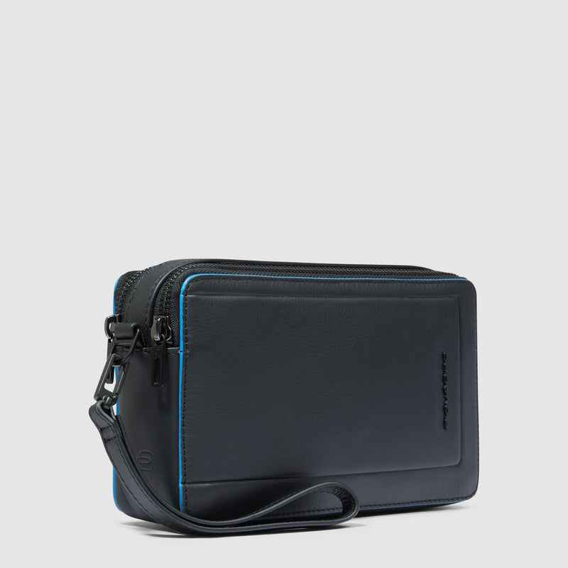 Pochette Piquadro Uomo Due Scomparti Polsiera Pelle Nera Bordo Blu