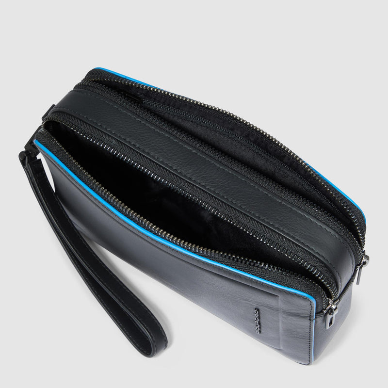 Pochette Piquadro Uomo Due Scomparti Polsiera Pelle Nera Bordo Blu
