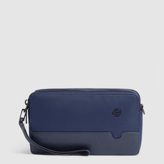 Pochette Piquadro Uomo Polso Doppio Scomparto Tessuto Inserto Pelle Blu