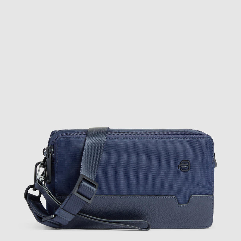 Pochette Piquadro Uomo Polso Doppio Scomparto Tessuto Inserto Pelle Blu