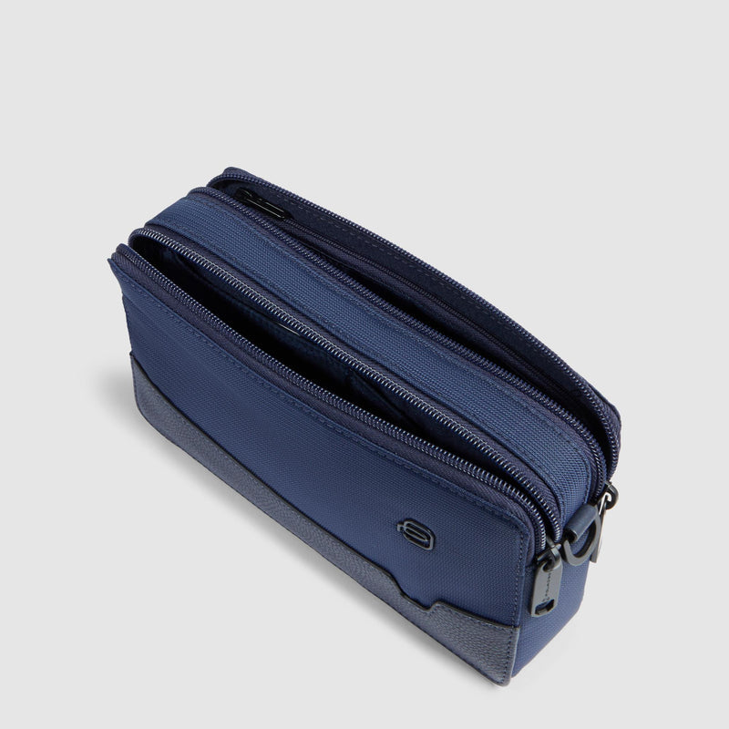 Pochette Piquadro Uomo Polso Doppio Scomparto Tessuto Inserto Pelle Blu