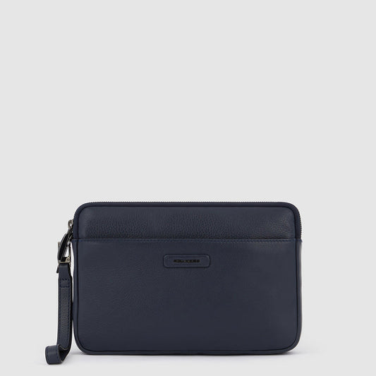 Pochette Piquadro Uomo Da Polso Tre Scomparti Porta Ipad Mini Polsiera Removibile Pelle Martellata Blu