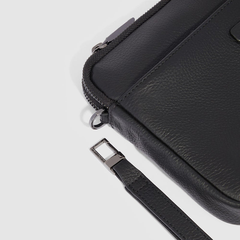 Pochette Piquadro Uomo Da Polso Tre Scomparti Porta Ipad Mini Polsiera Removibile Pelle Martellata Blu