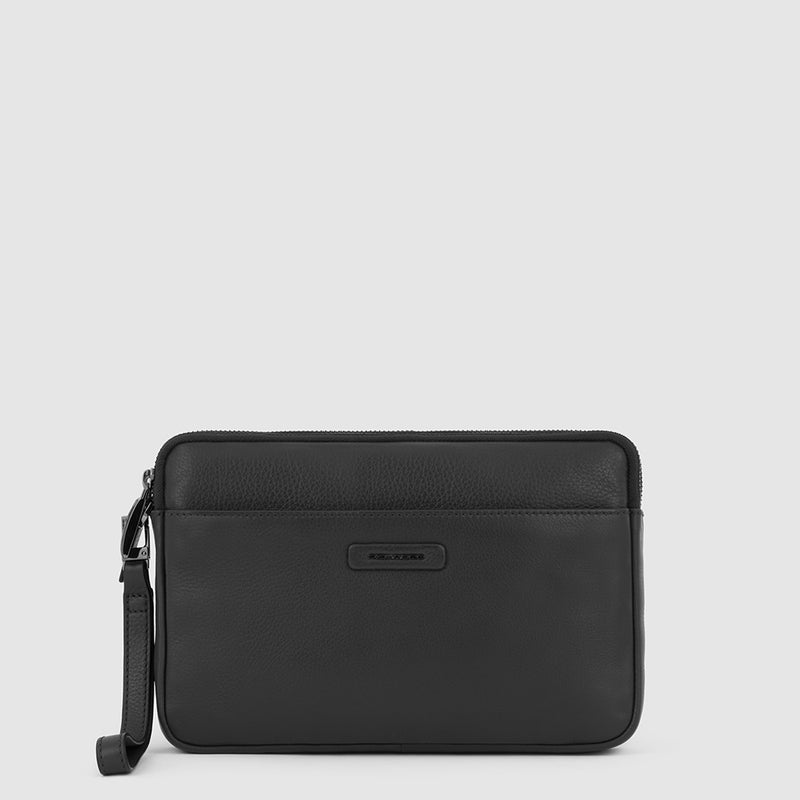 Pochette Piquadro Uomo Da Polso Tre Scomparti Porta Ipad Mini Polsiera Removibile Pelle Martellata Nera