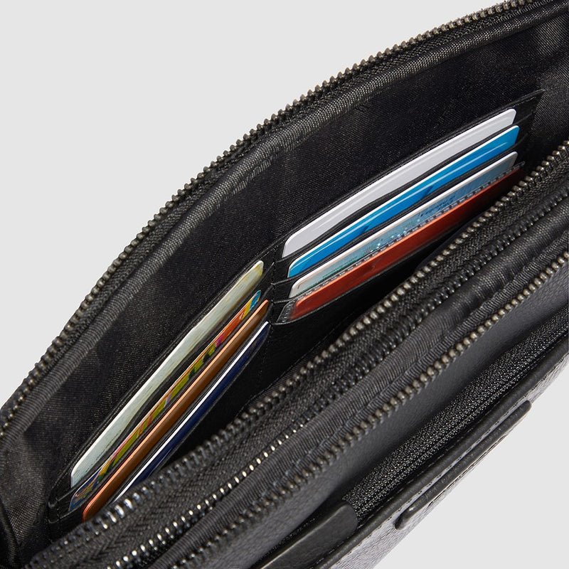 Pochette Piquadro Uomo Da Polso Tre Scomparti Porta Ipad Mini Polsiera Removibile Pelle Martellata Nera