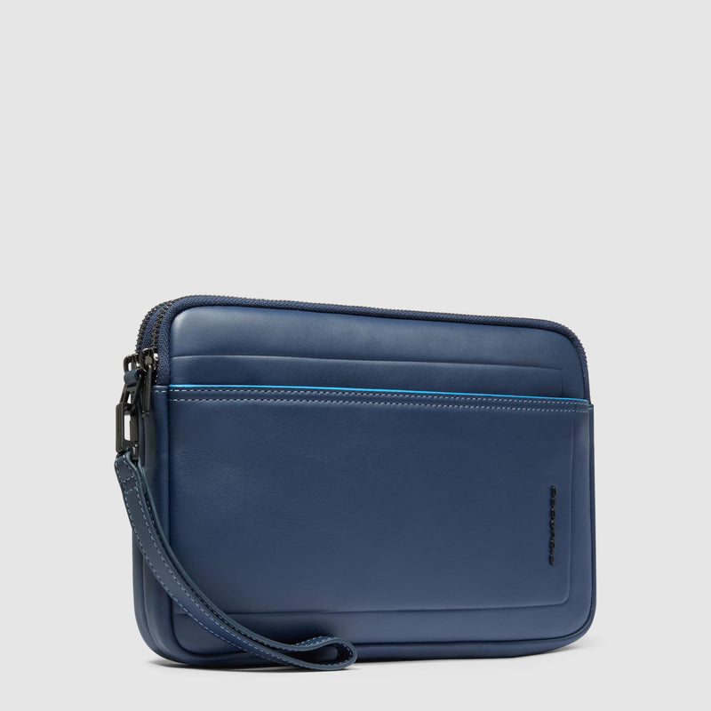 Pochette Piquadro Uomo Polso Tre Scomparti Porta Ipad Mini Polsiera Pelle Blu Bordo