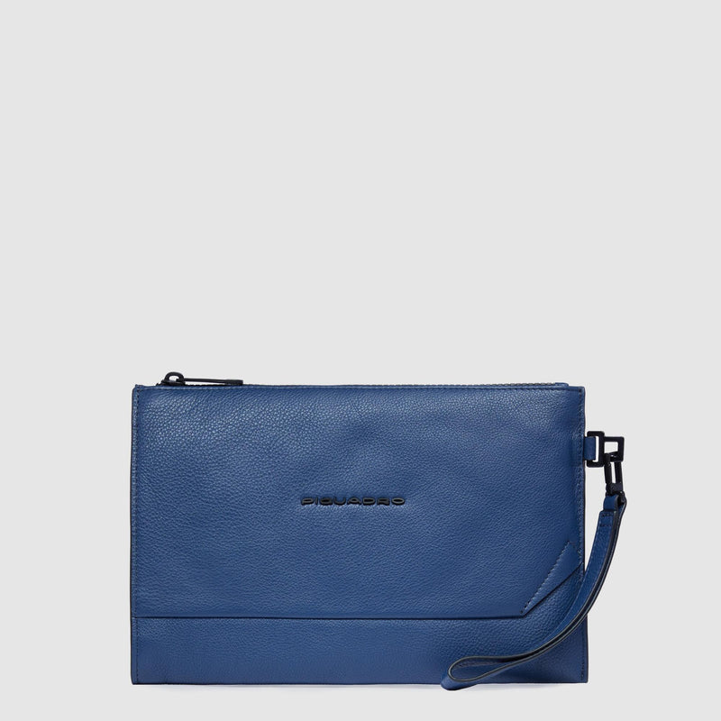 Pochette Piquadro Piatta Uomo Porta Ipad Mini Polsiera Removibile Pelle Martellata Blu